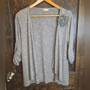 Blue Bird *Anthropologie* Gray Knit Open Front Cardigan w/floral Applique